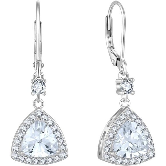04 April - Zirconia Silver Triangle Halo Leverback Earrings with Birthstone